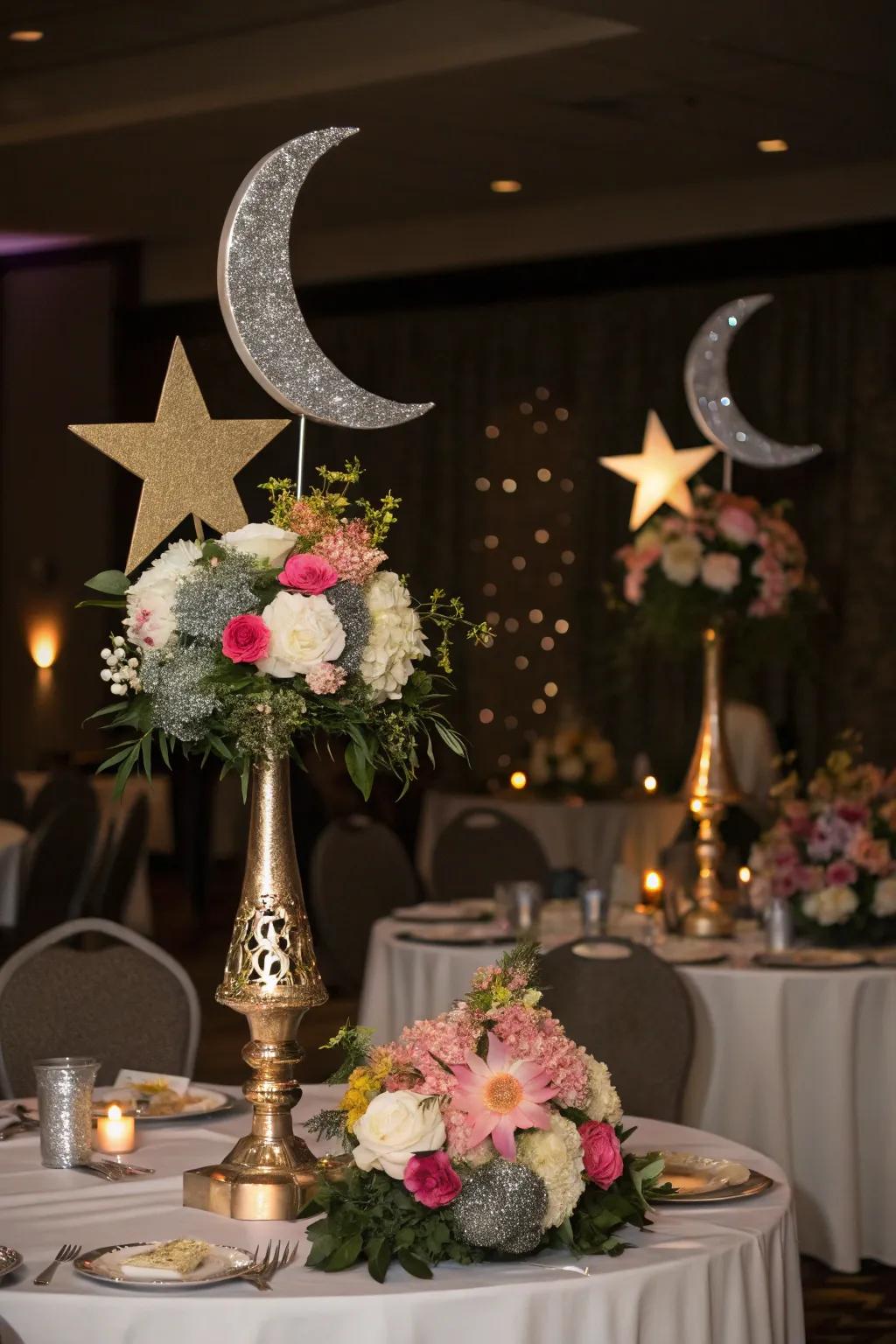 Moon-themed centerpieces that beautifully complement the decor.
