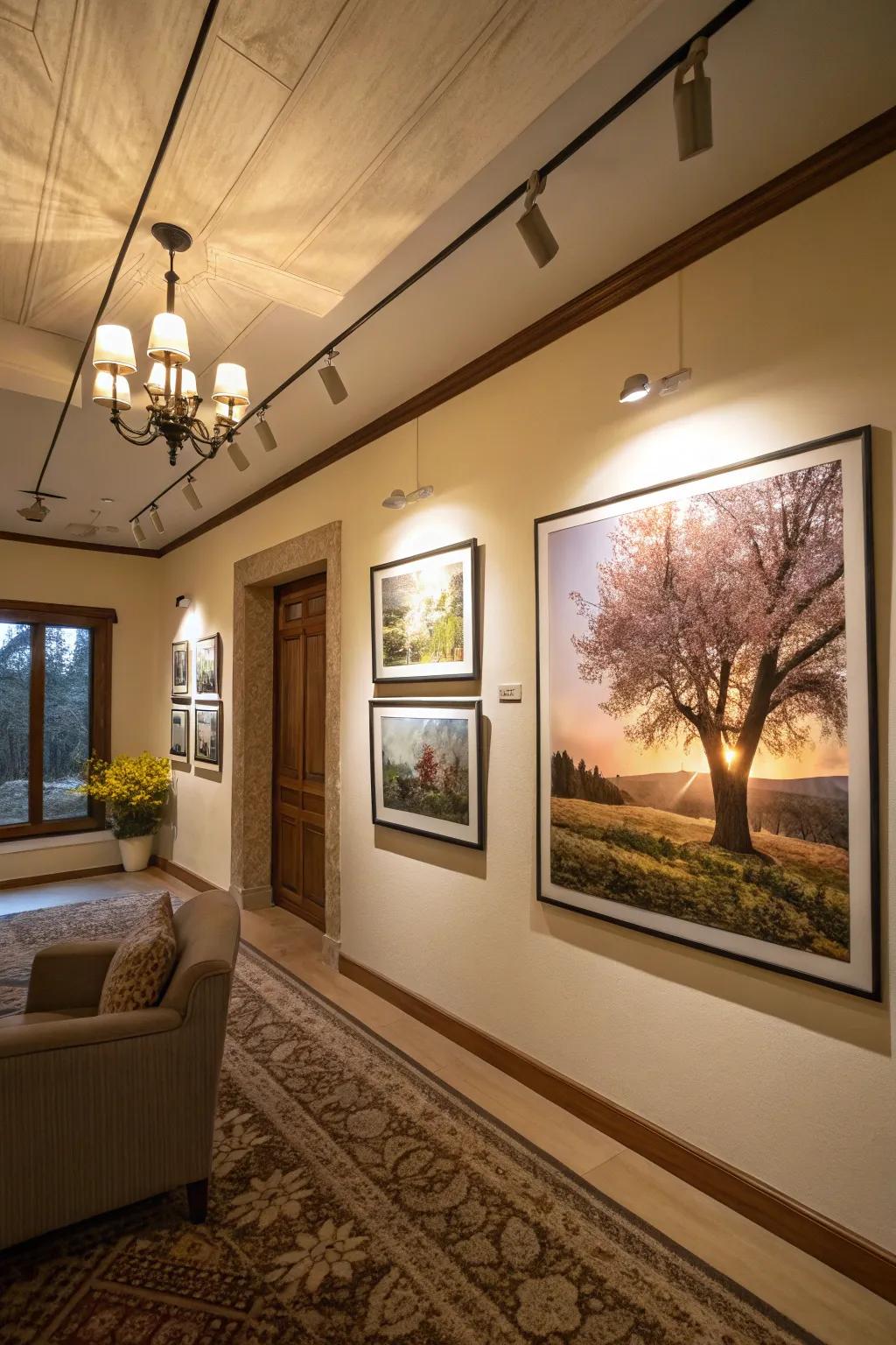 Elegant space displaying framed landscape images.