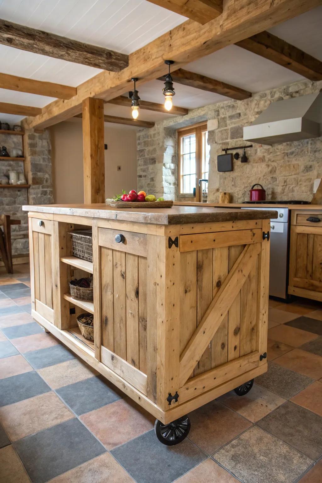 A reclaimed wood kitchen island that is full of charm