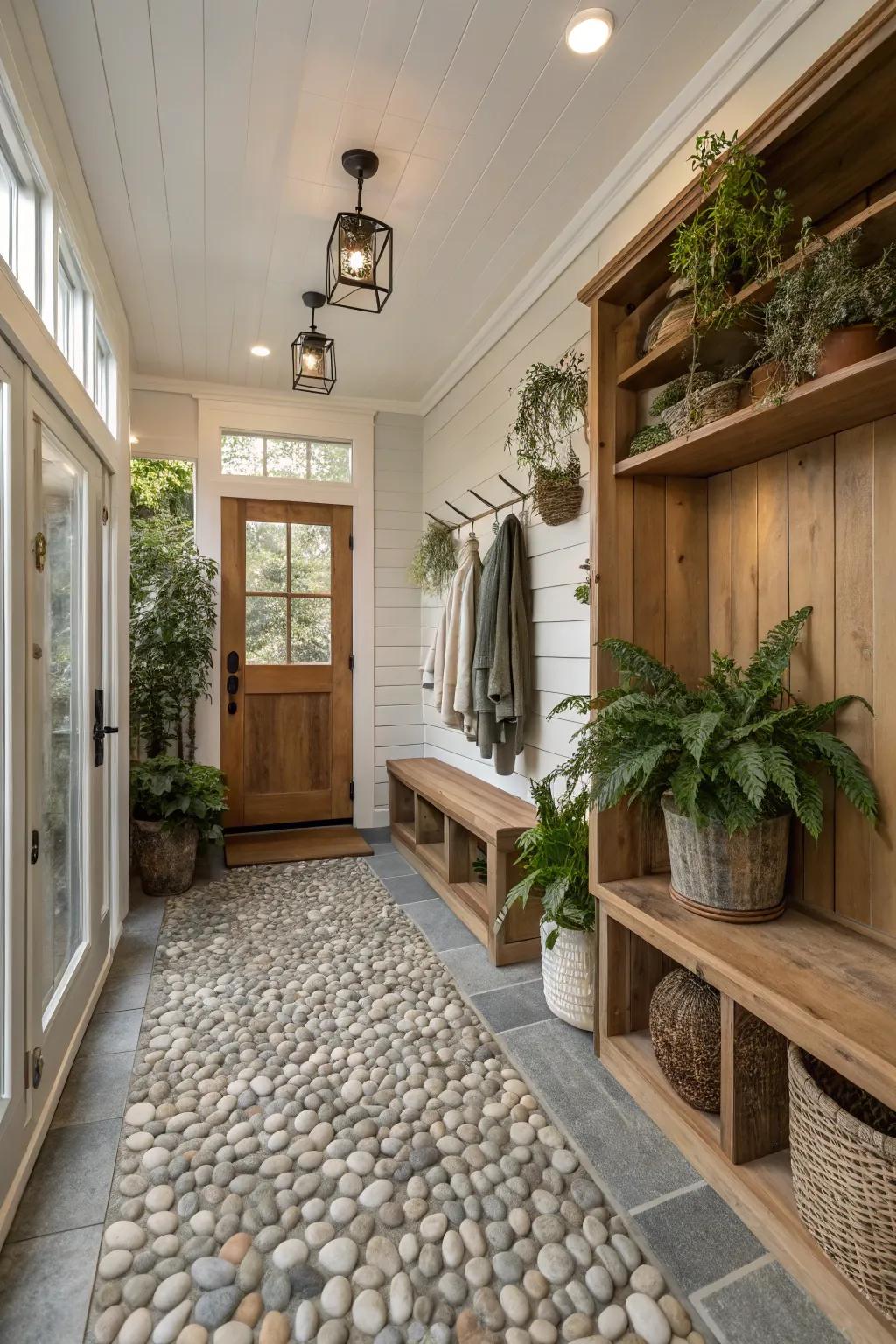 Pebble tiles offer a calming, natural aesthetic for a spa-like mudroom experience.