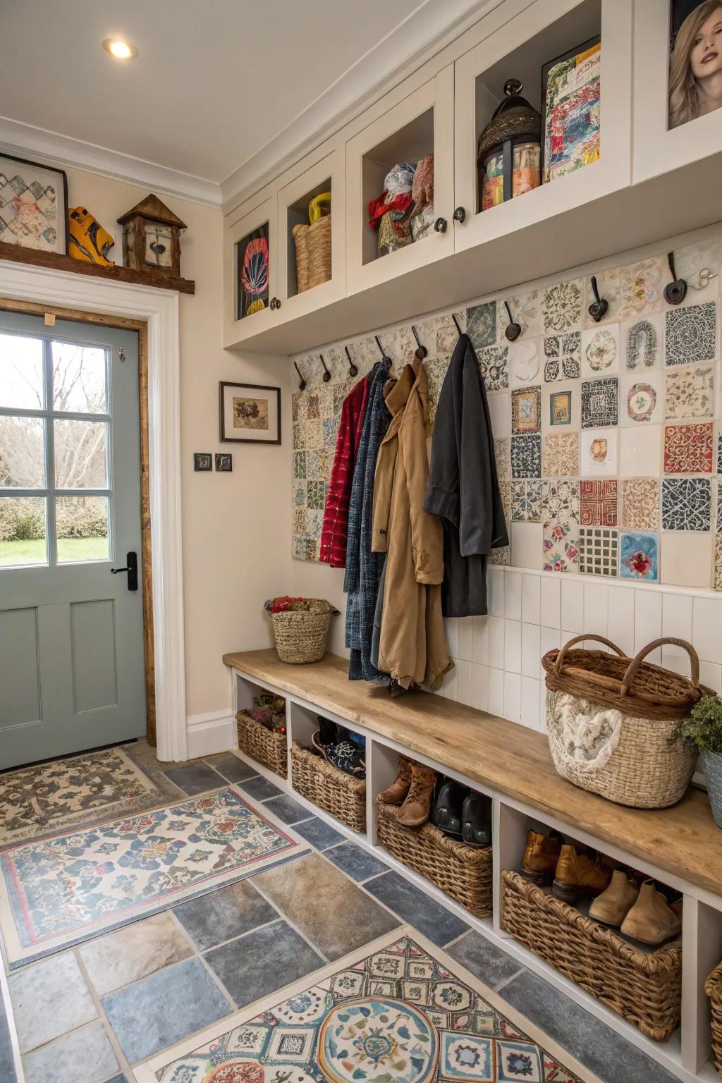 An eclectic mix of tiles creating a personalized mudroom