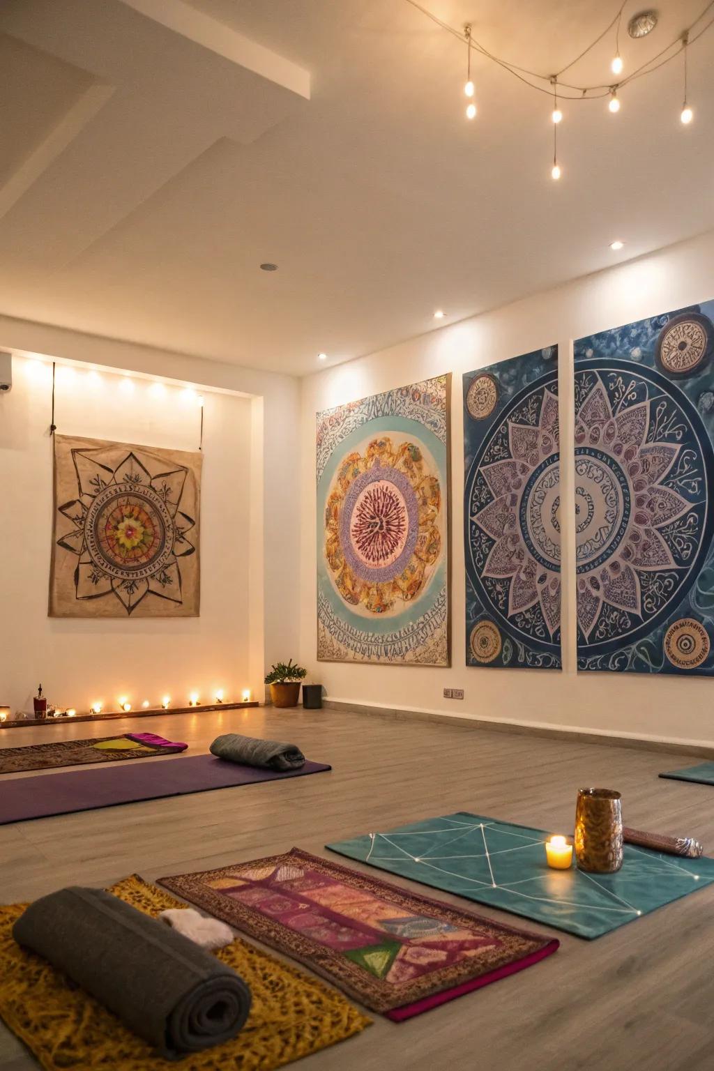 Calming mandalas over numerous canvases, creating a tranquil area inside the yoga room.