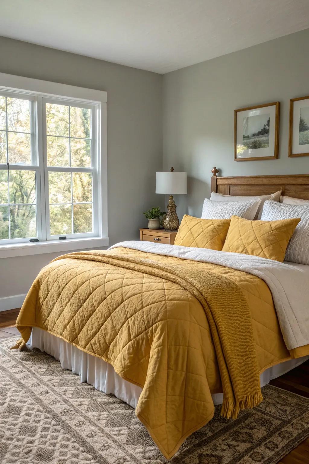 A versatile bedroom with goldenrod bedding, ready for any season.