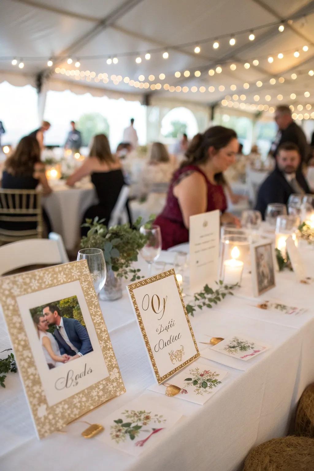 Customized table names with stories add a sentimental touch.