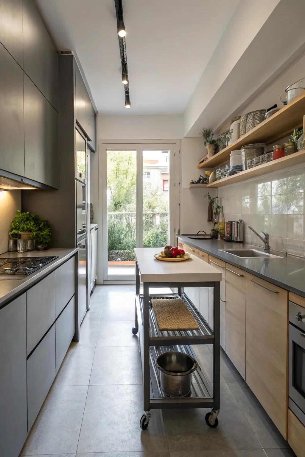 A movable island adds versatility to a small kitchen.
