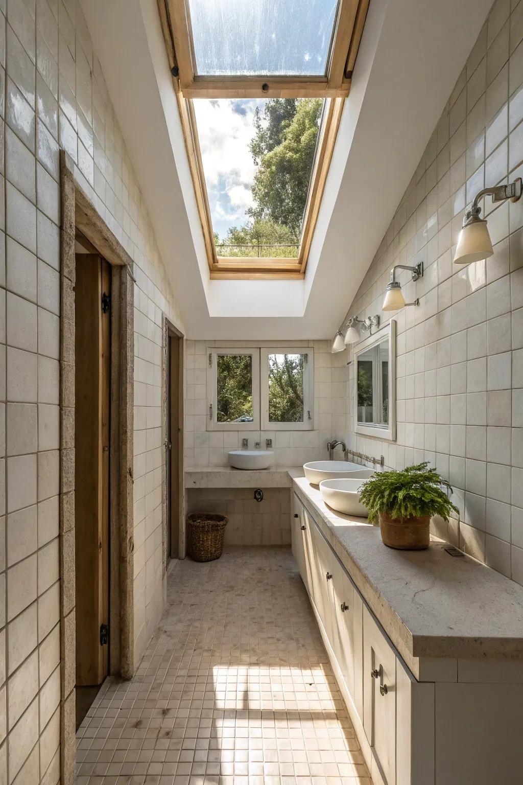 Skylights bring light and style to bathrooms.