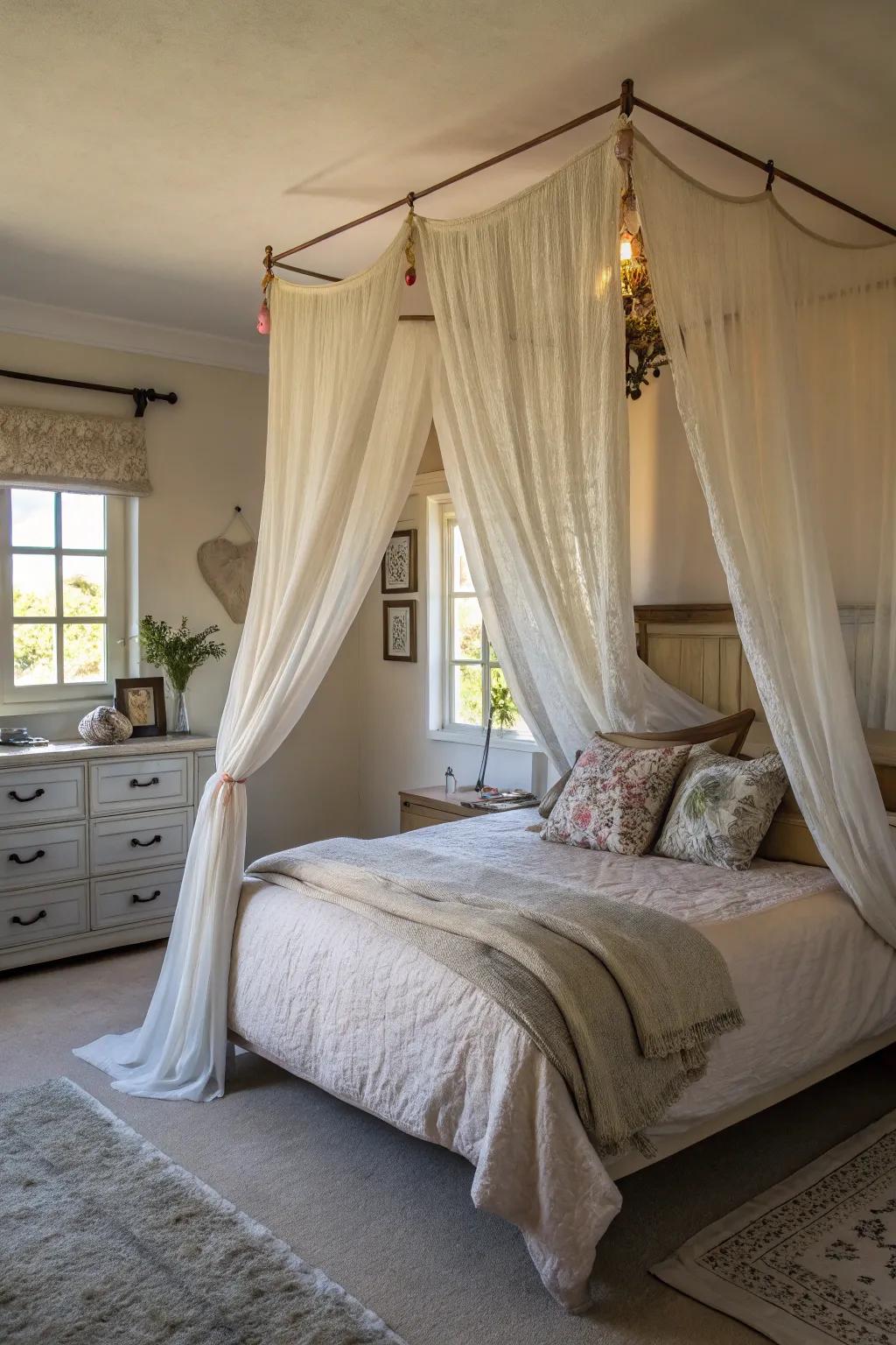 A canopy bed adds a touch of elegance suggestive of a captain's quarters.