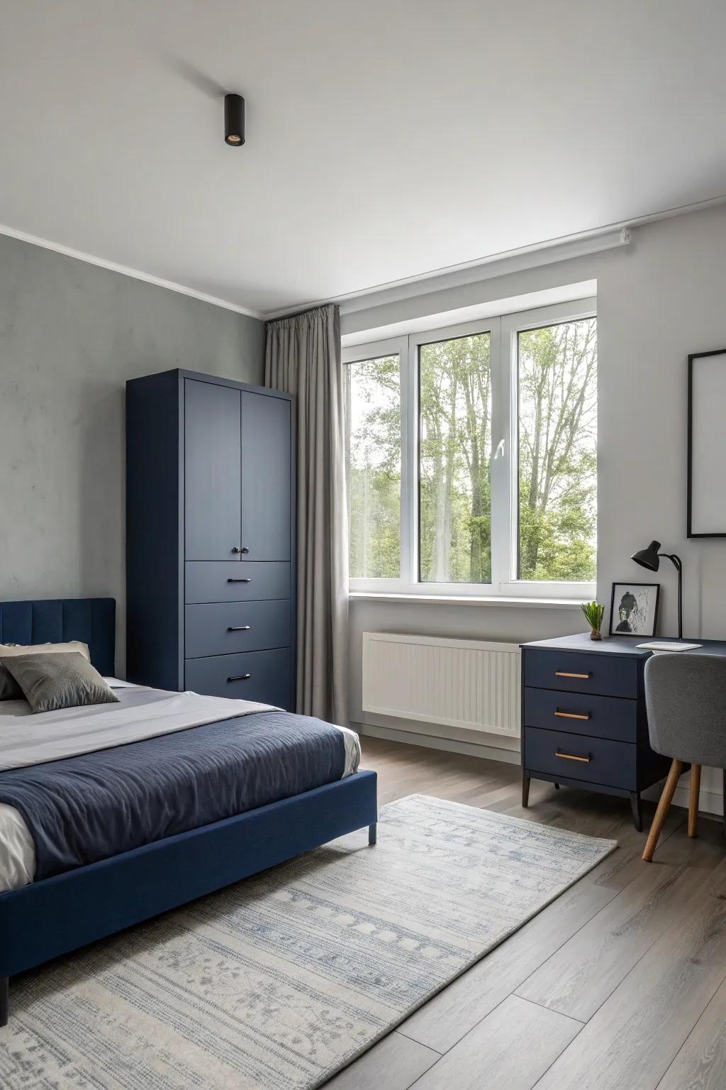 Minimalist furniture enhances the clean lines and color harmony in the bedroom design.
