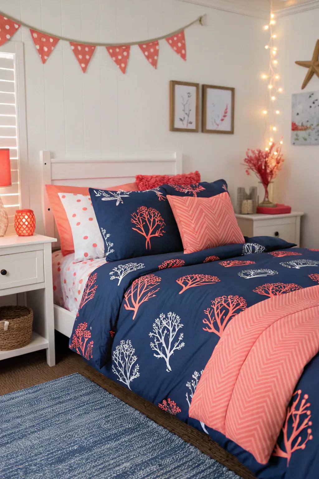 Incorporate a burst of color with coral details and dark blue bedding.