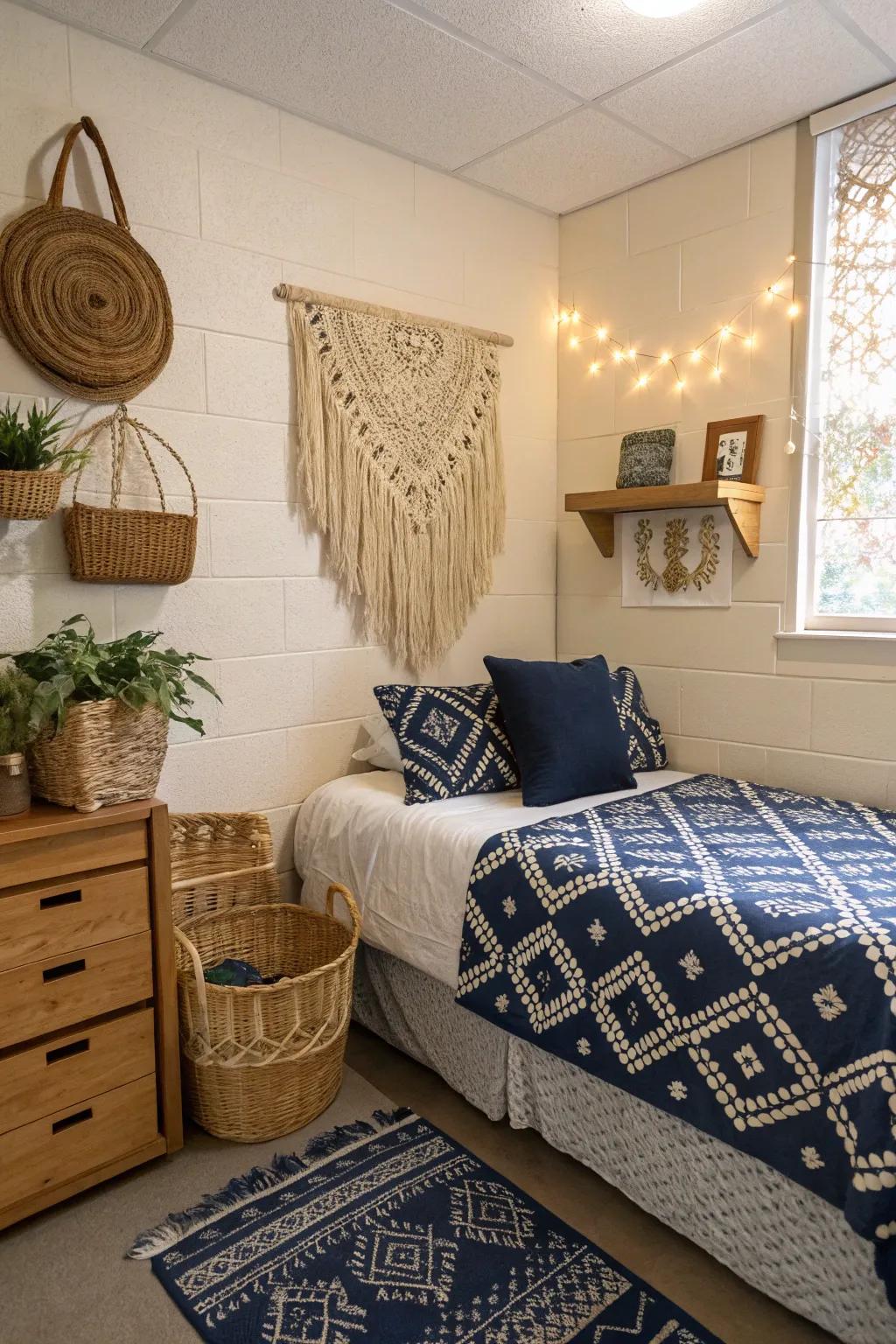 Boho accents add a relaxed vibe to your dorm.