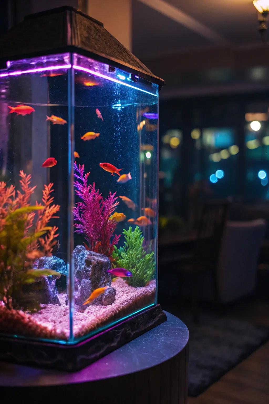 Reflective areas amplify the vibrant fluorescent radiance within this tank.