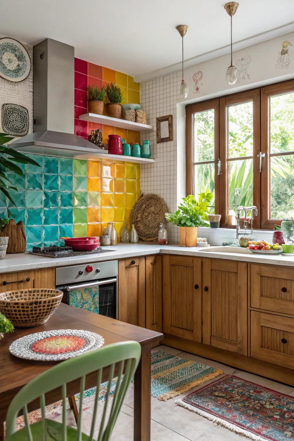 Tinted glass backsplashes provide a vibrant and playful focal point in kitchens.