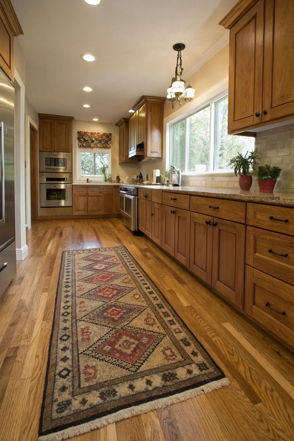 The cozy touch of area rugs in oak floor kitchens.