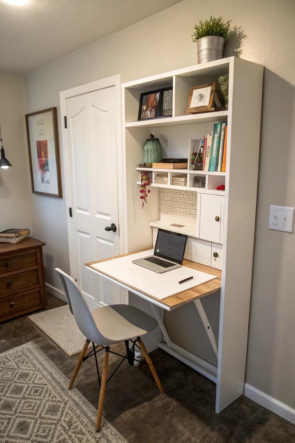 For small offices, a fold-down desk provides a space-efficient solution.