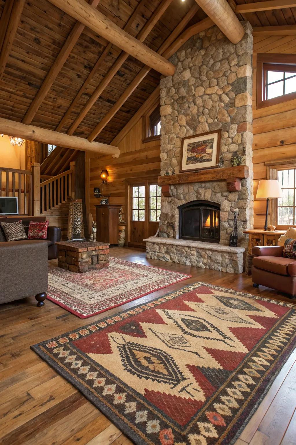 A living room in a rustic lodge features layered rugs with different patterns and textures.