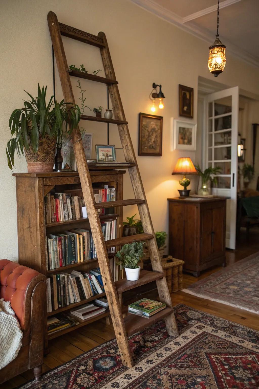 Period stepladders repurposed as special shelving.