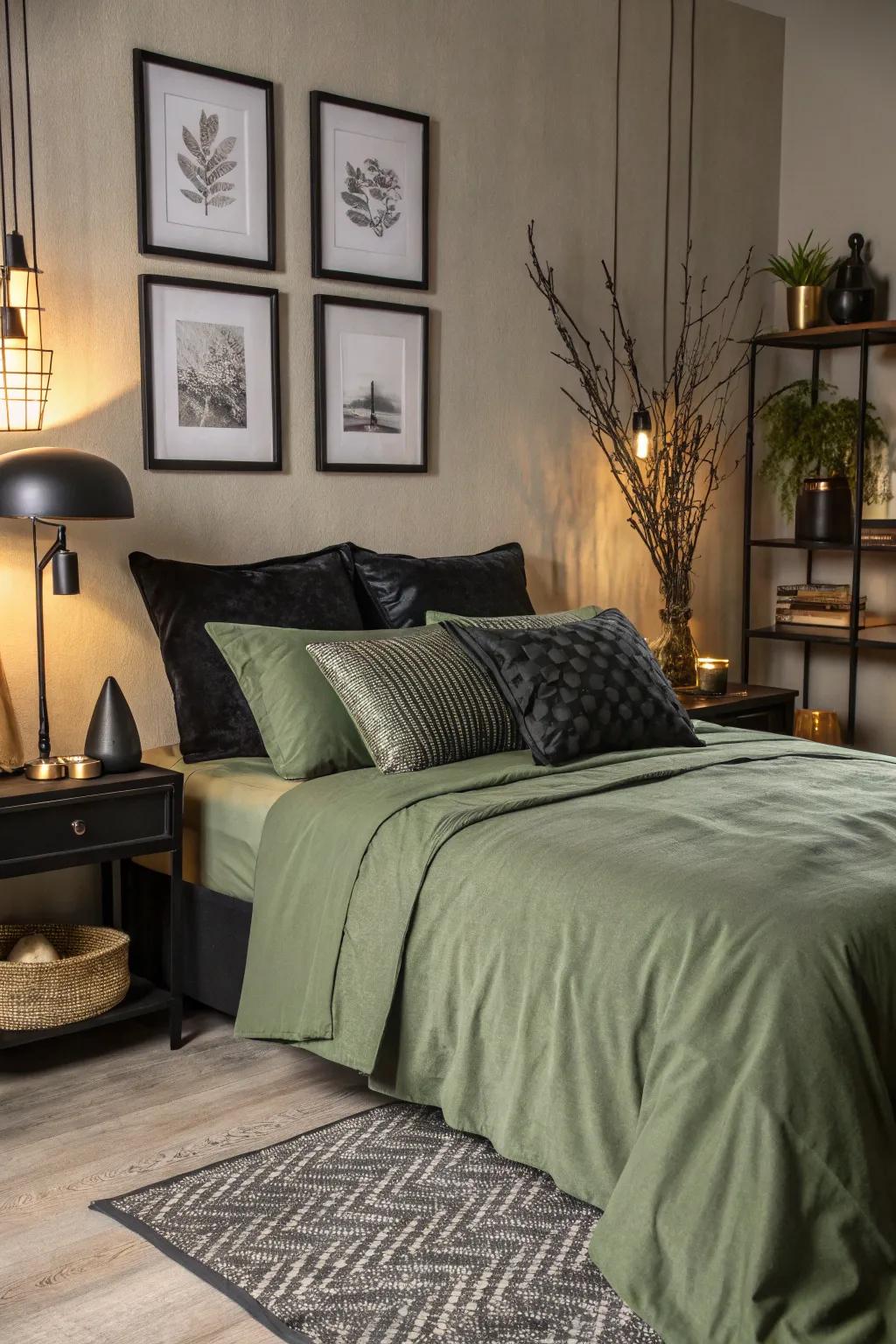Black accents provide a bold contrast to deep moss green bedding.