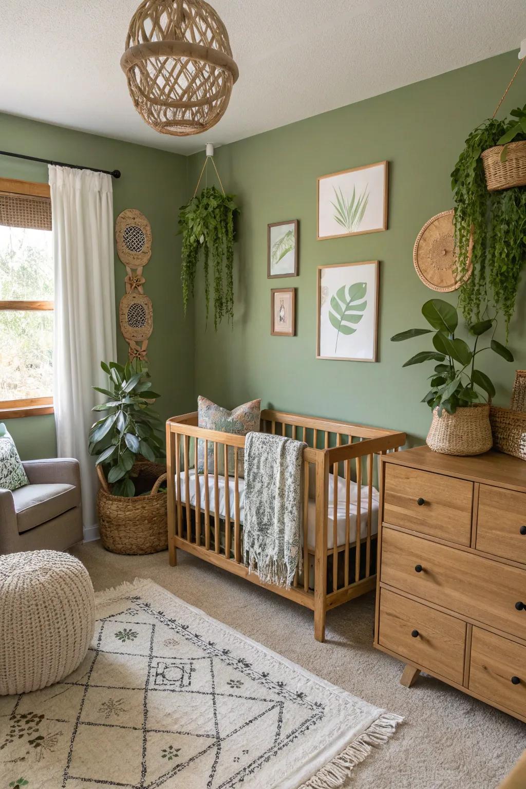 A nurturing nursery with peaceful forest green walls.