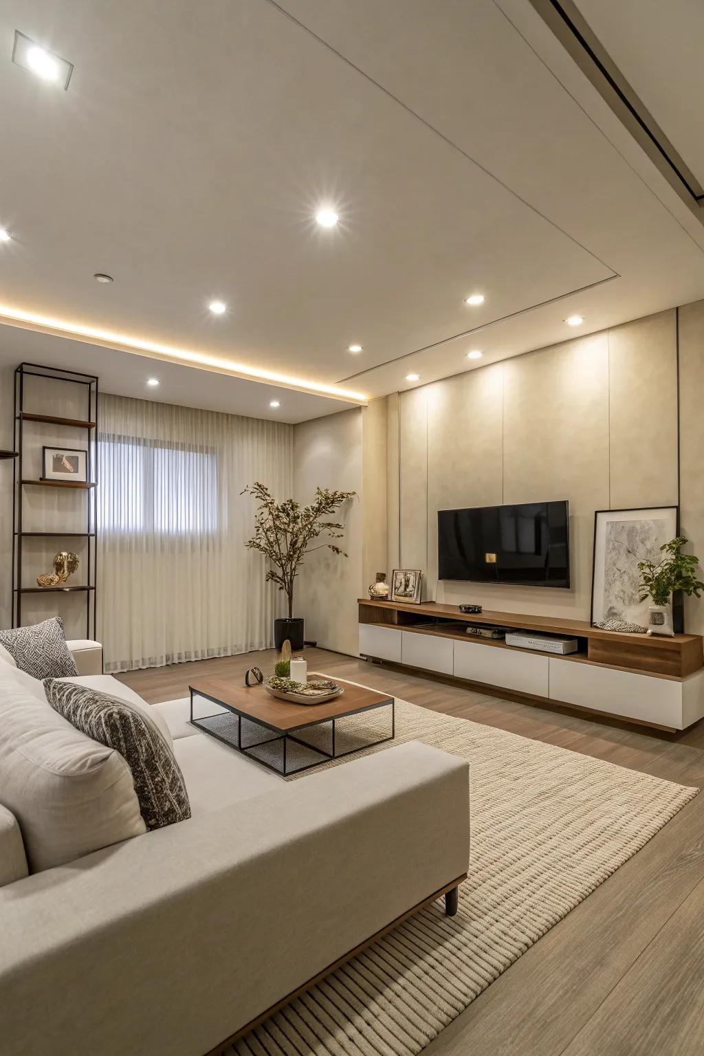 A minimalist living space featuring integrated lighting that complements the sleek aesthetic.