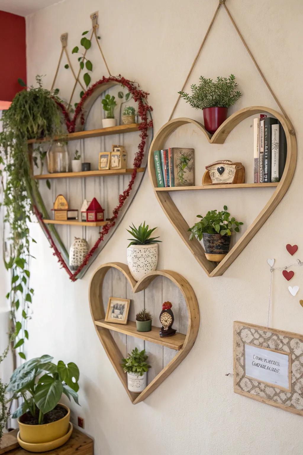 Heart-shaped wall shelves offer a whimsical display option.