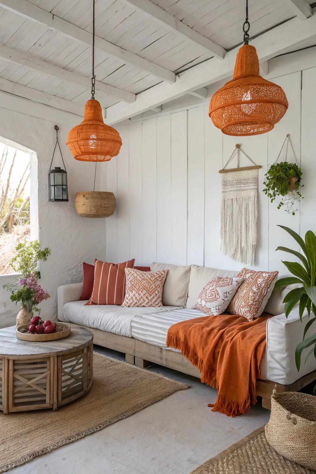 Tangerine lighting adds warmth and ambiance to a modern living space.