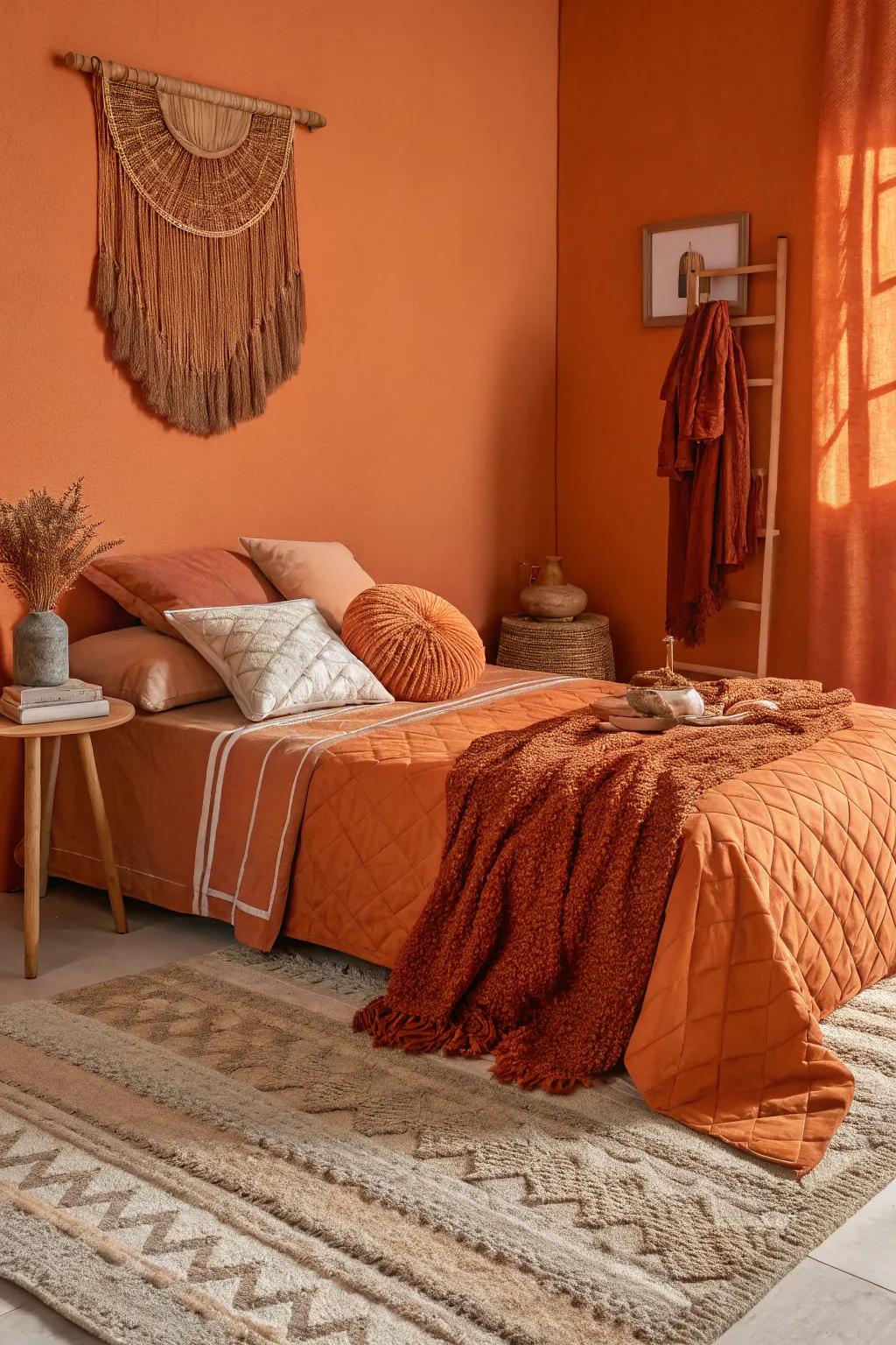 Tiered textures create a rich and inviting atmosphere with orange walls.