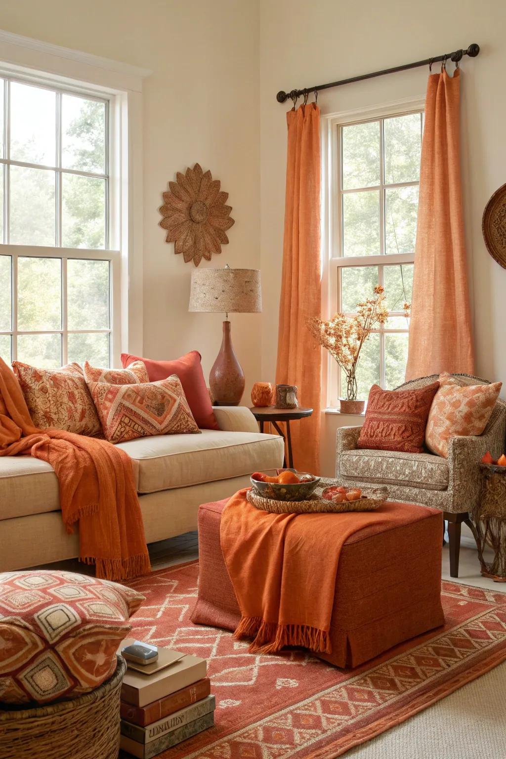 Various shades of orange create dimension and dynamism in the family room.
