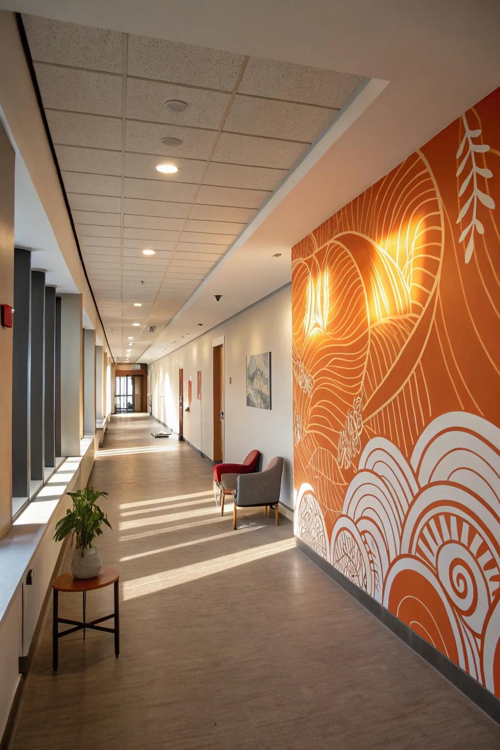 A hallway transformed into an art gallery with an abstract orange mural.