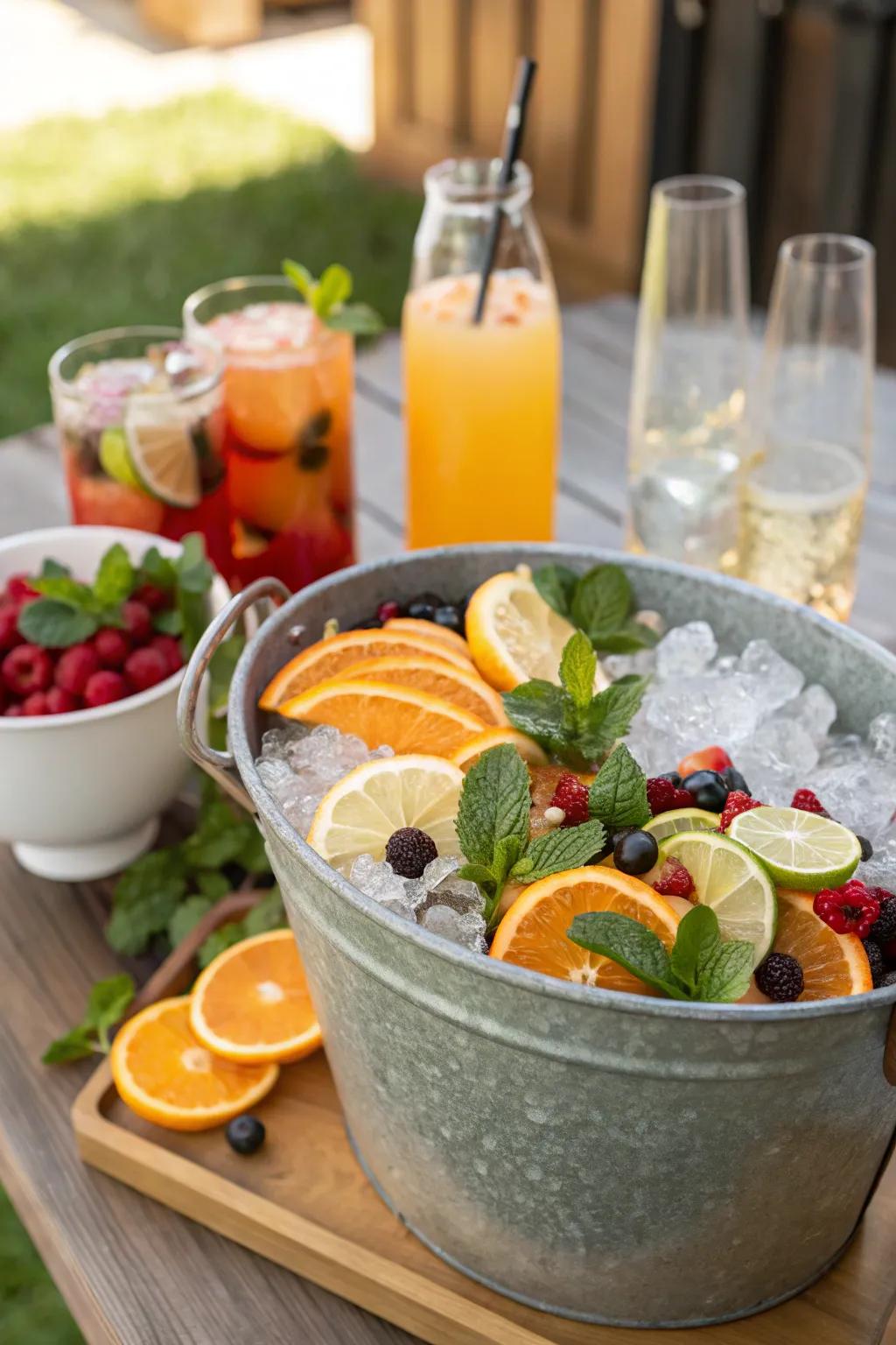 An ice container with fruit decorations adds a fresh touch.