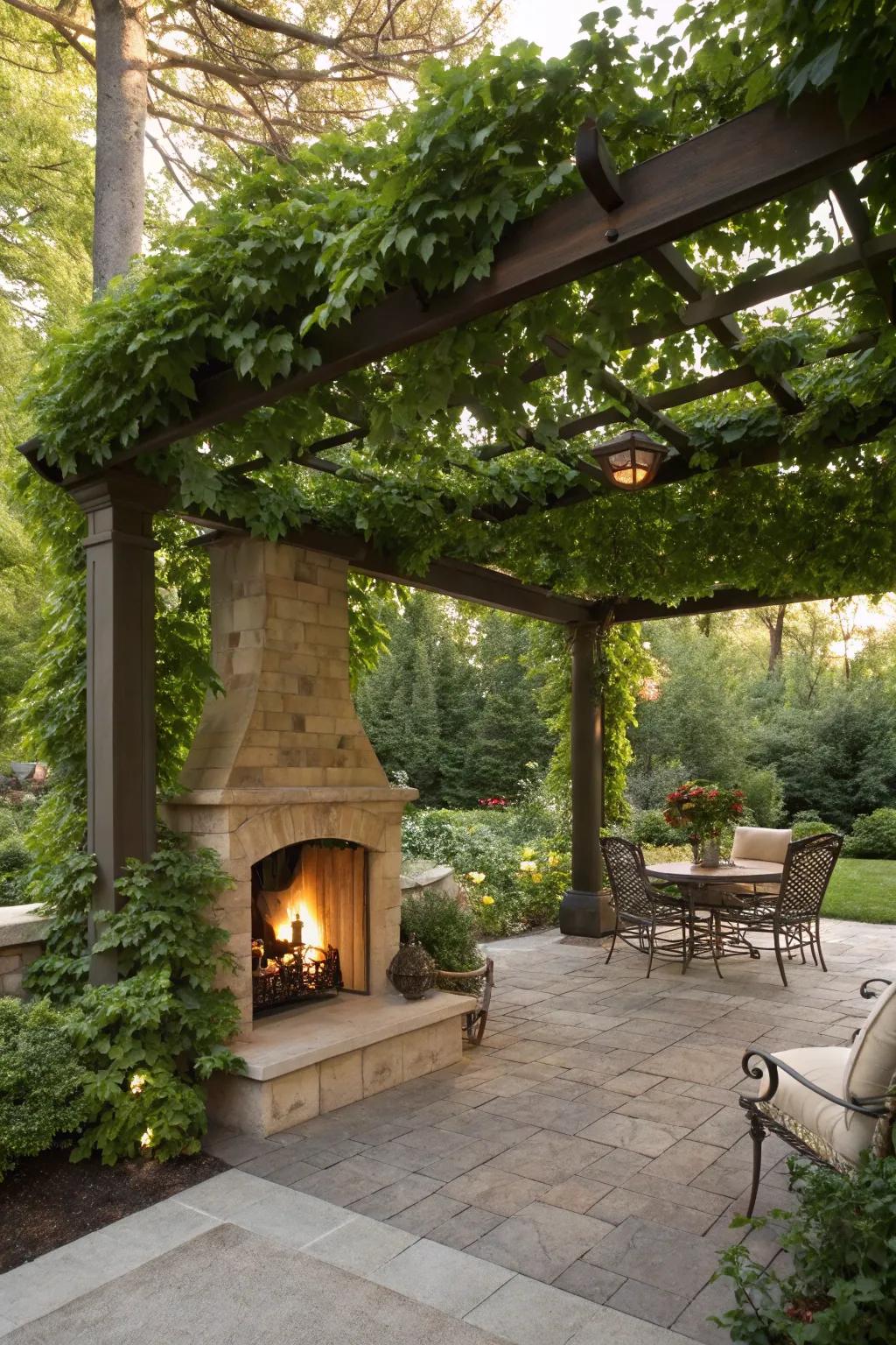 Add shade and charm with a pergola over your outdoor fireplace.