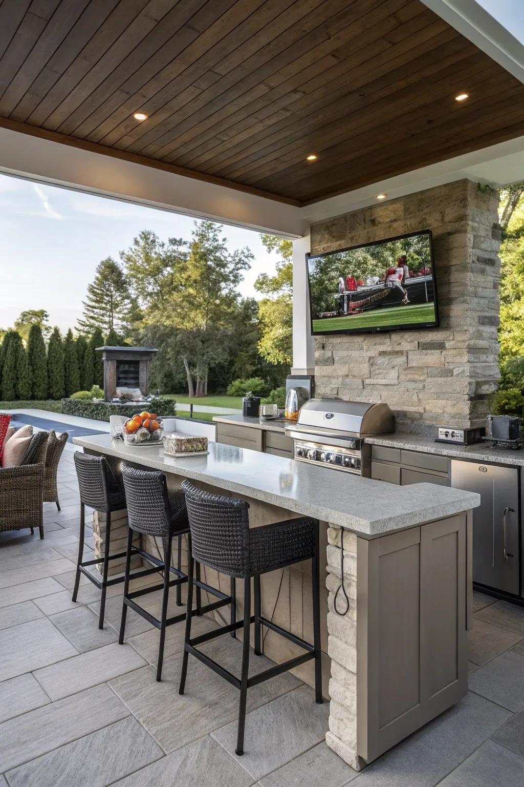 An outdoor kitchen counter featuring a screen for added entertainment.