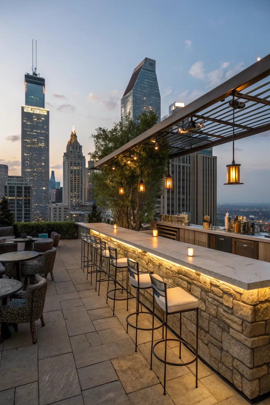 An urban hideaway stone bar featuring stunning skyline views.