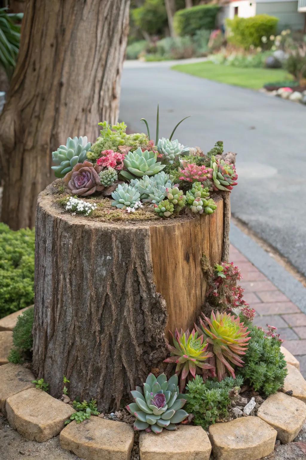 A succulent garden on a stump offers a low-maintenance, high-impact display.