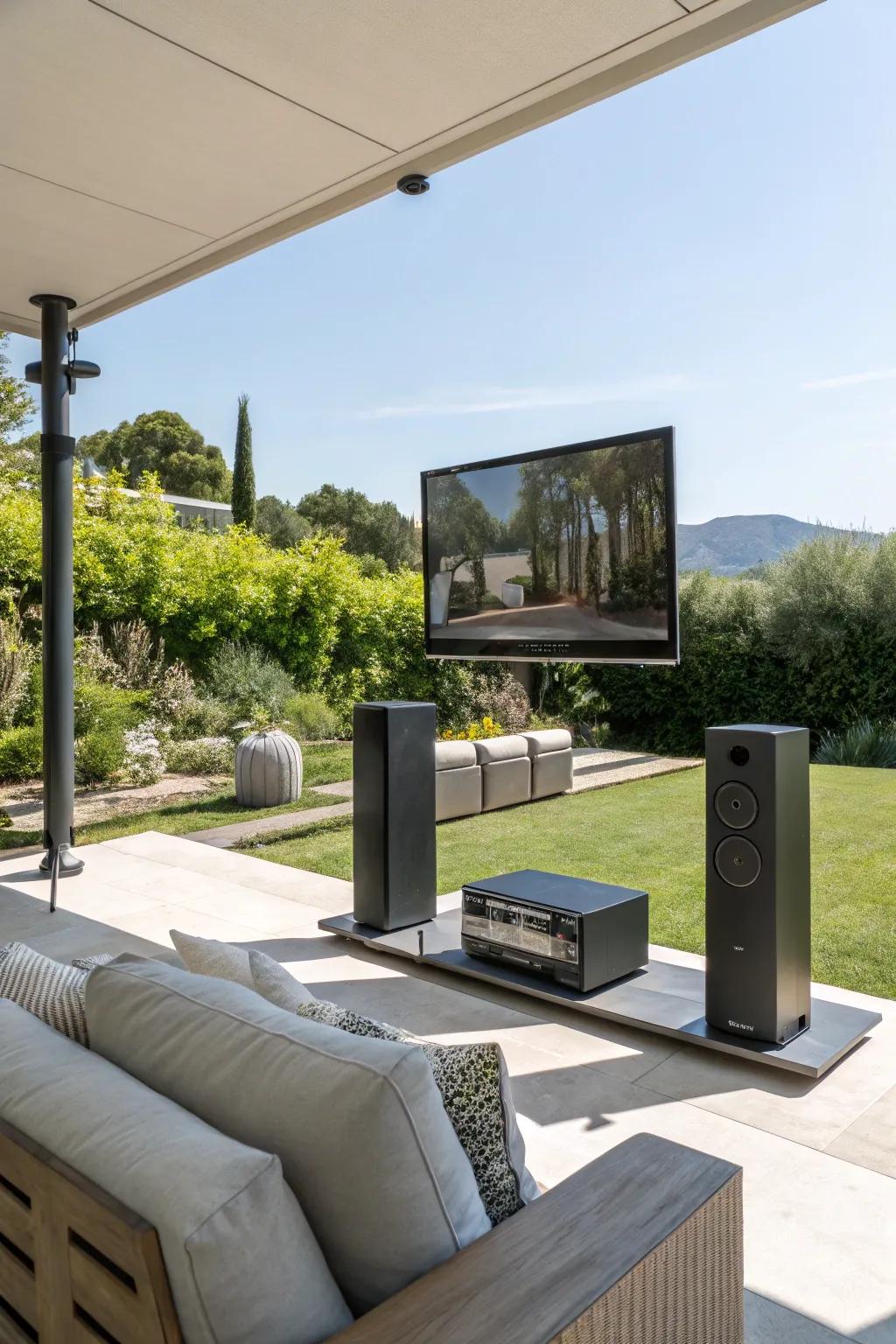 Smart technology transforms your outdoor TV area into a high-tech haven.