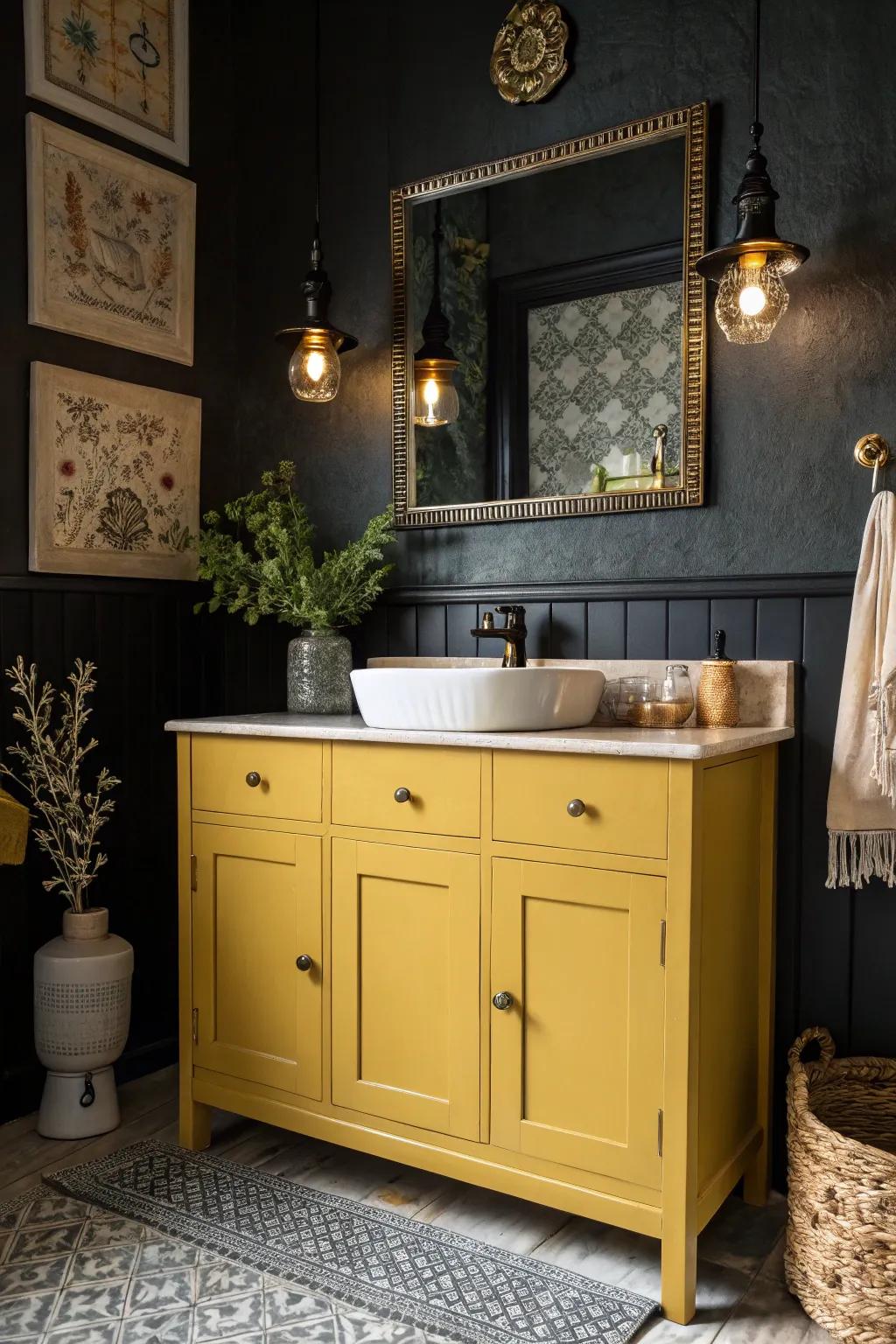 Mustard yellow vanities create retro charm.