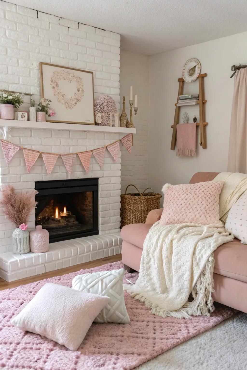 A blush fireplace adds a soft surprise.