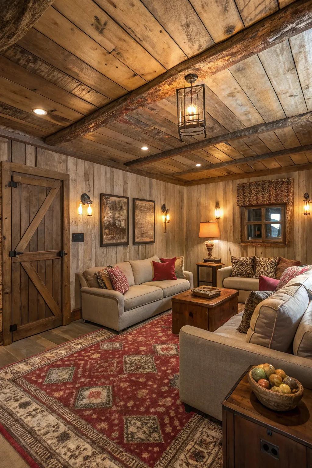 Weathered timber panels inject rustic charm.