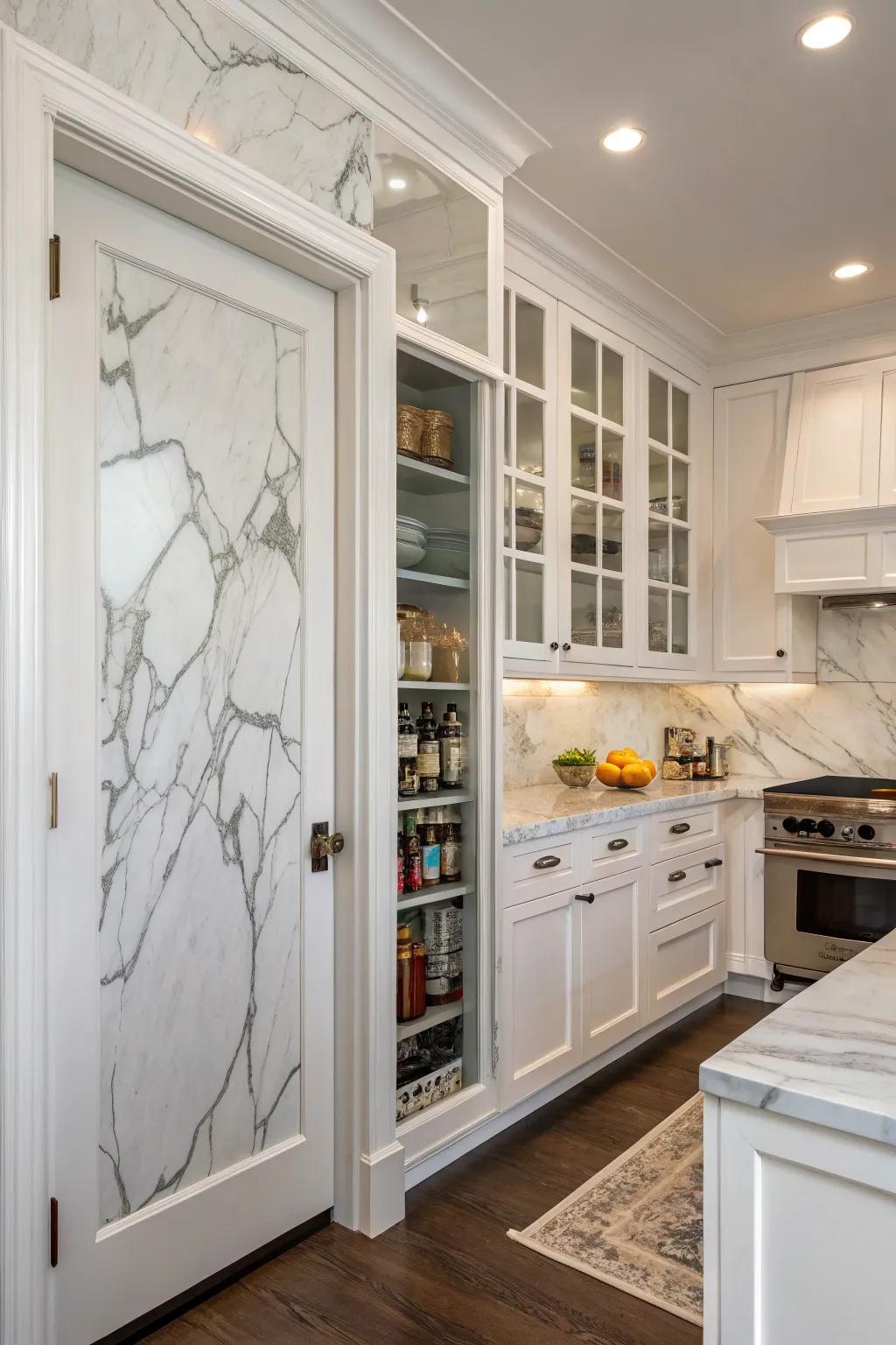 Integrating the pantry door with the backsplash enhances kitchen cohesion and visual appeal.