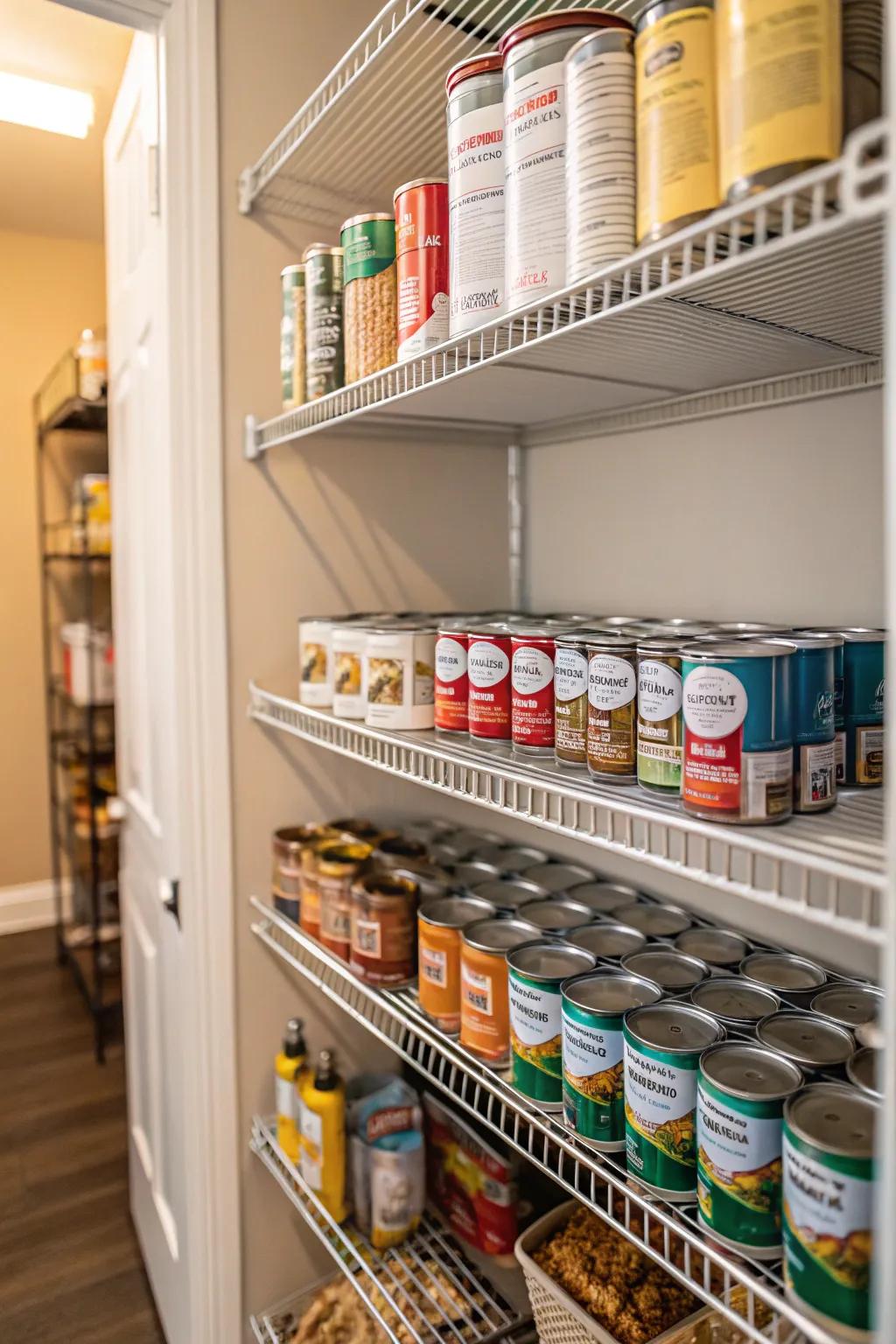 Canned goods racks in a pantry keep cans organized and accessible.