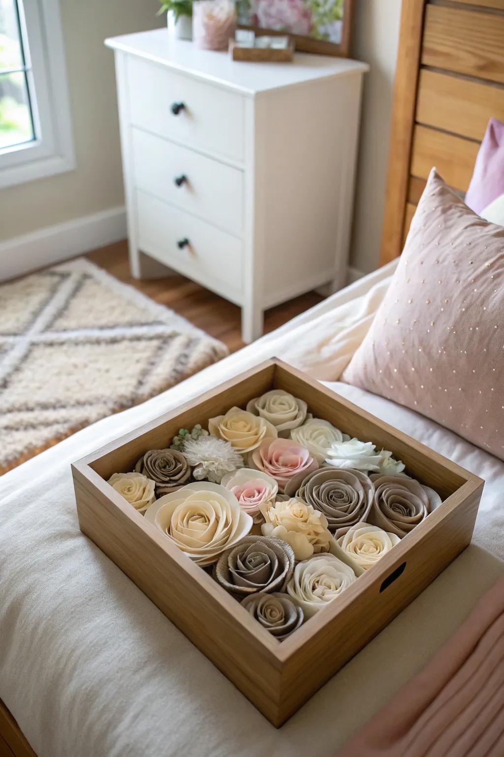 A neutral shadow box offers understated beauty.