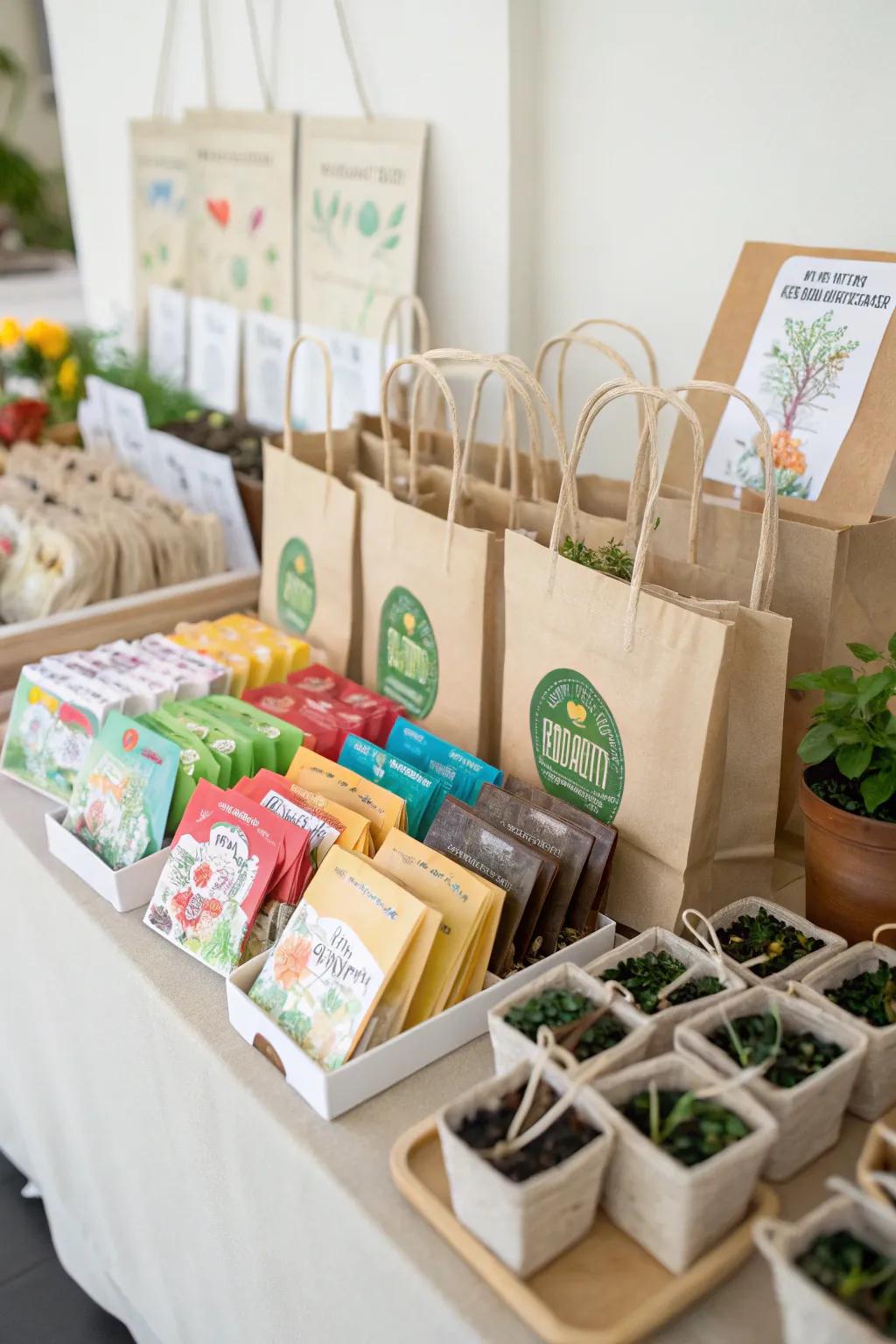 Eco-friendly presents such as seed packets and reusable totes.