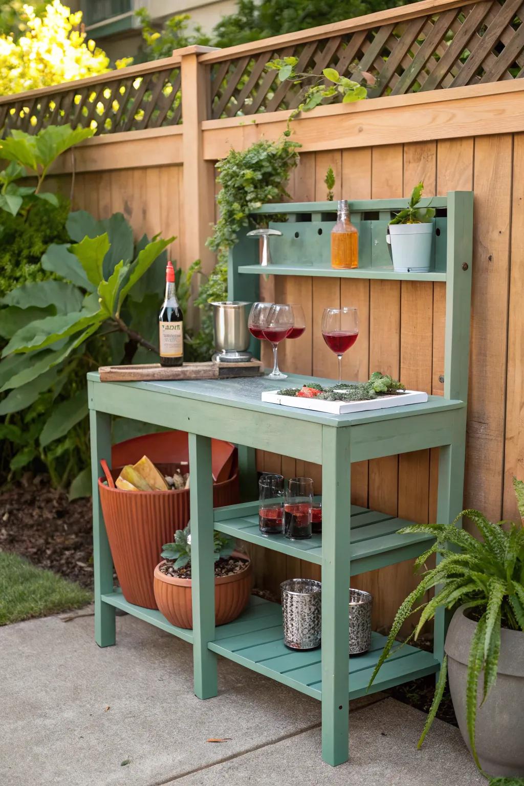 A DIY outdoor bar repurposed from a potting bench.