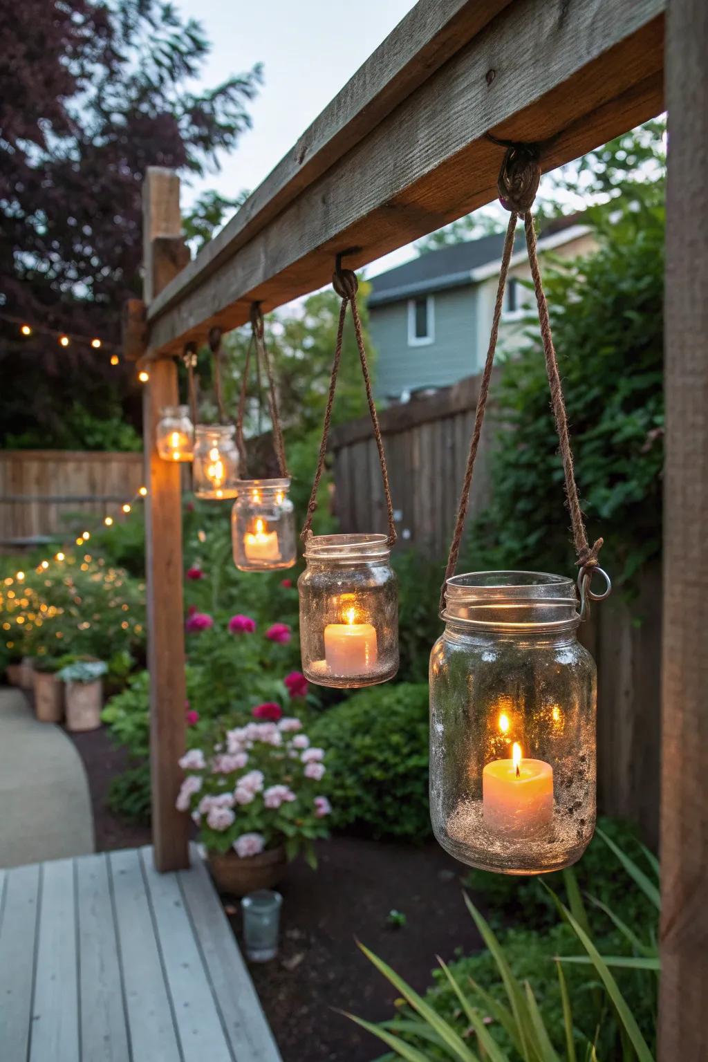 Glass jar lanterns introduce rustic sophistication.