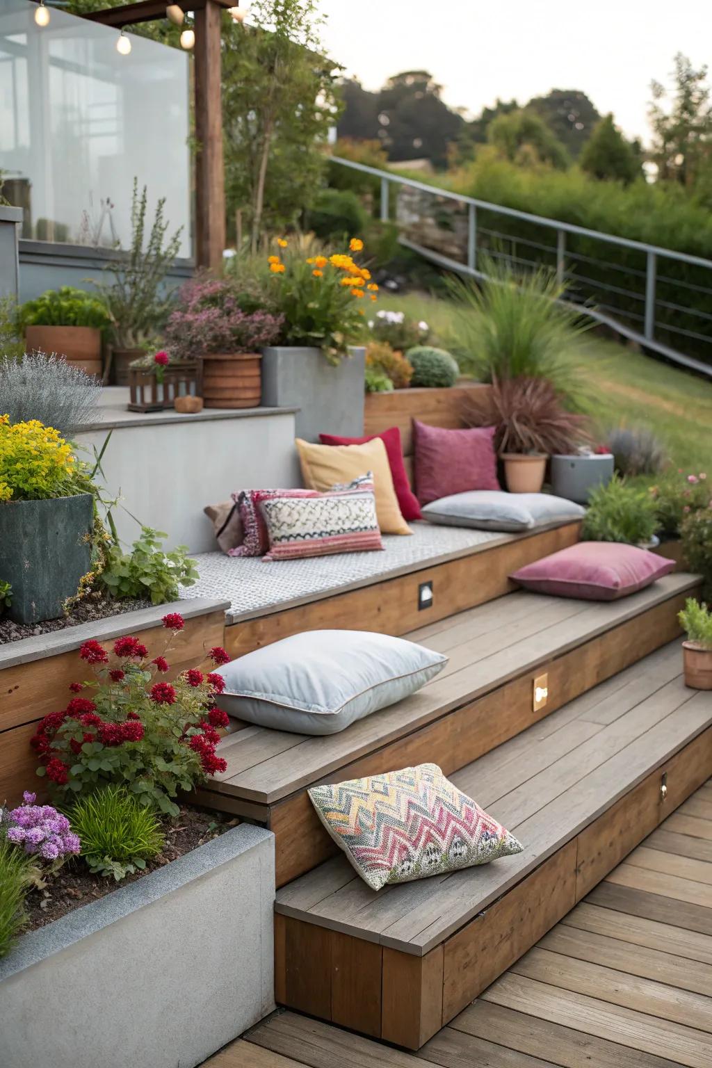 Built-in benches for a relaxing patio experience.