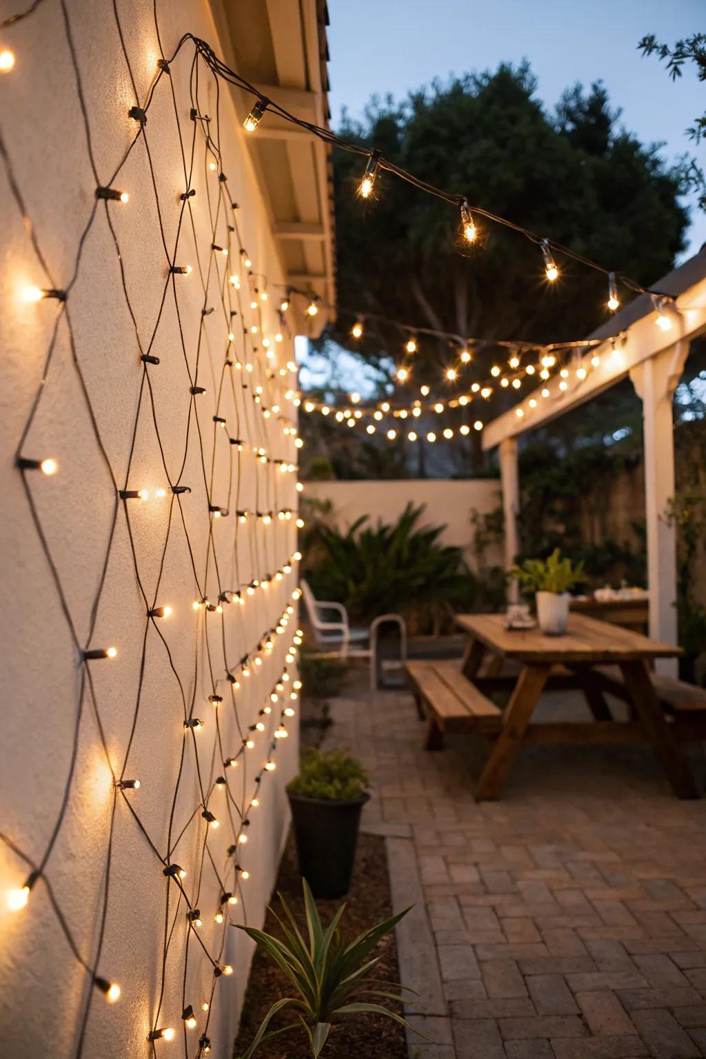 Playful string lights make a lively background on the patio wall.