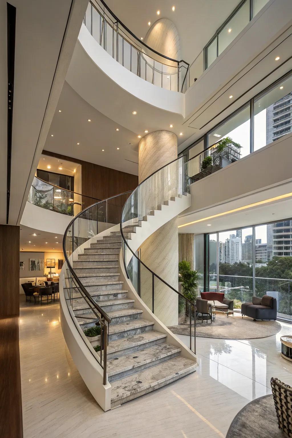 Curved staircases are both functional and beautiful.