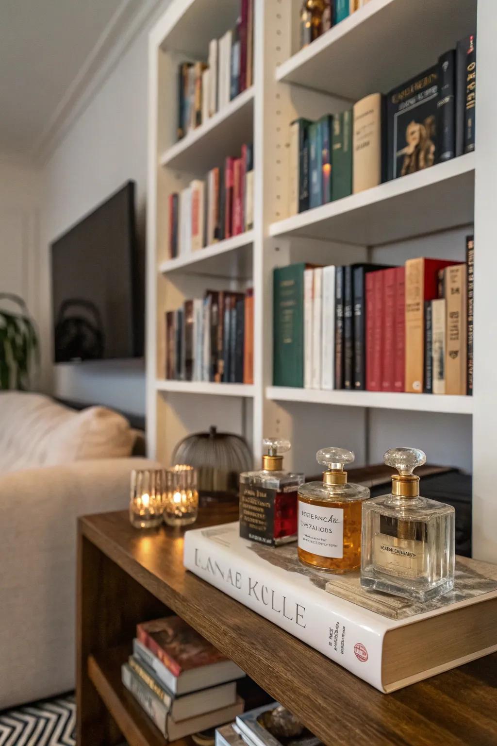 An eclectic bookcase creatively combining books and perfumes for a unique display.
