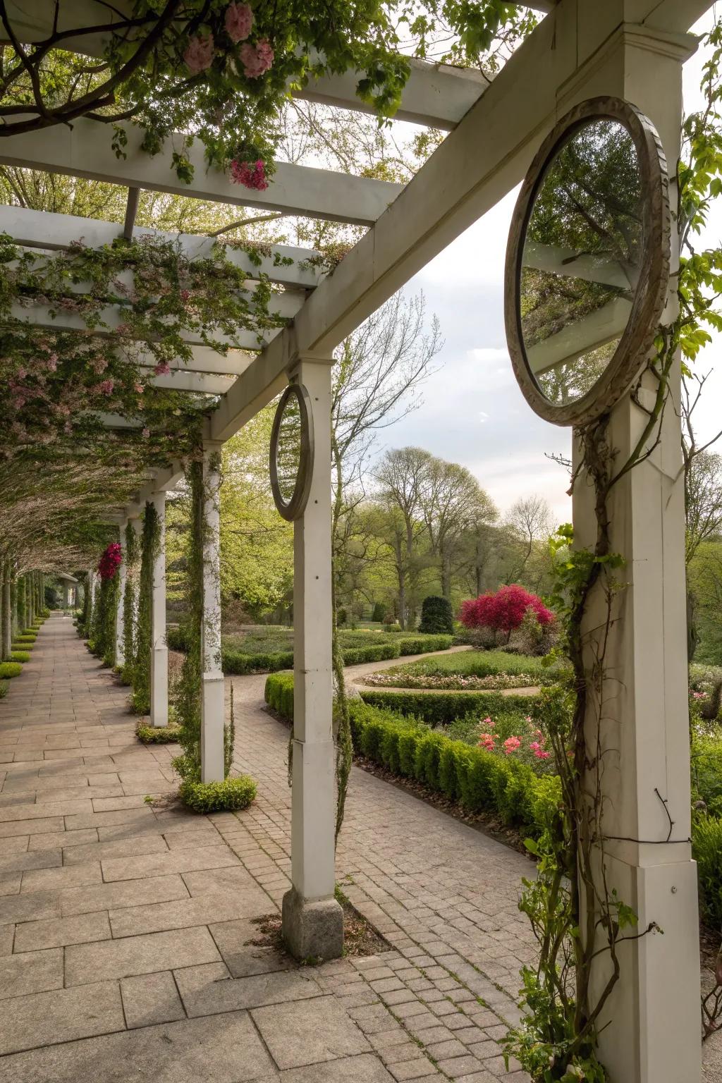 Mirrors enhance space and light within pergola environments.