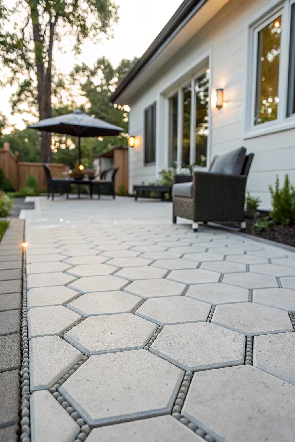 Hexagonal cell pavers propose a contemporary and permeable patio design.