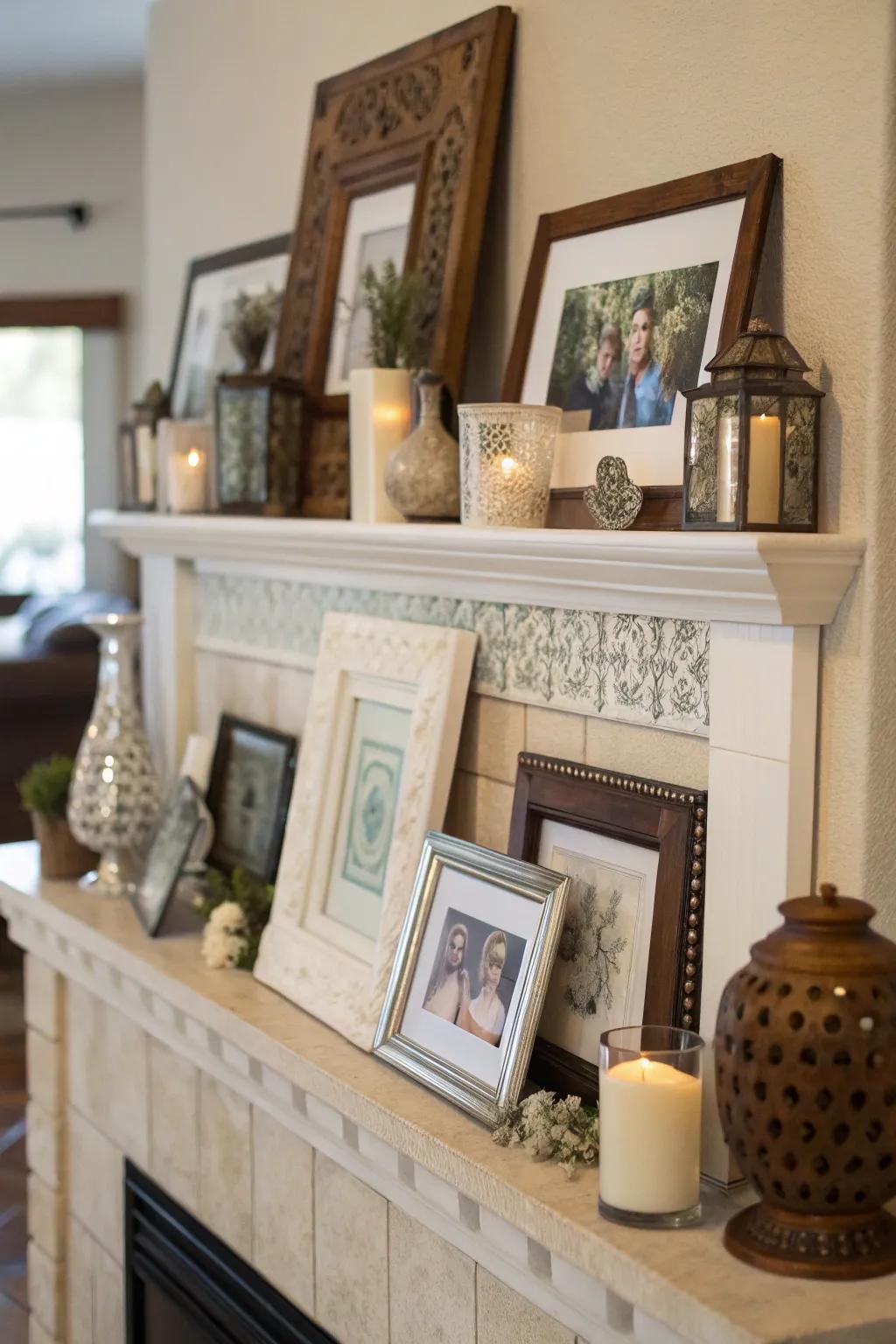 Layering frames on a fireplace creates a welcoming and visually rich display.